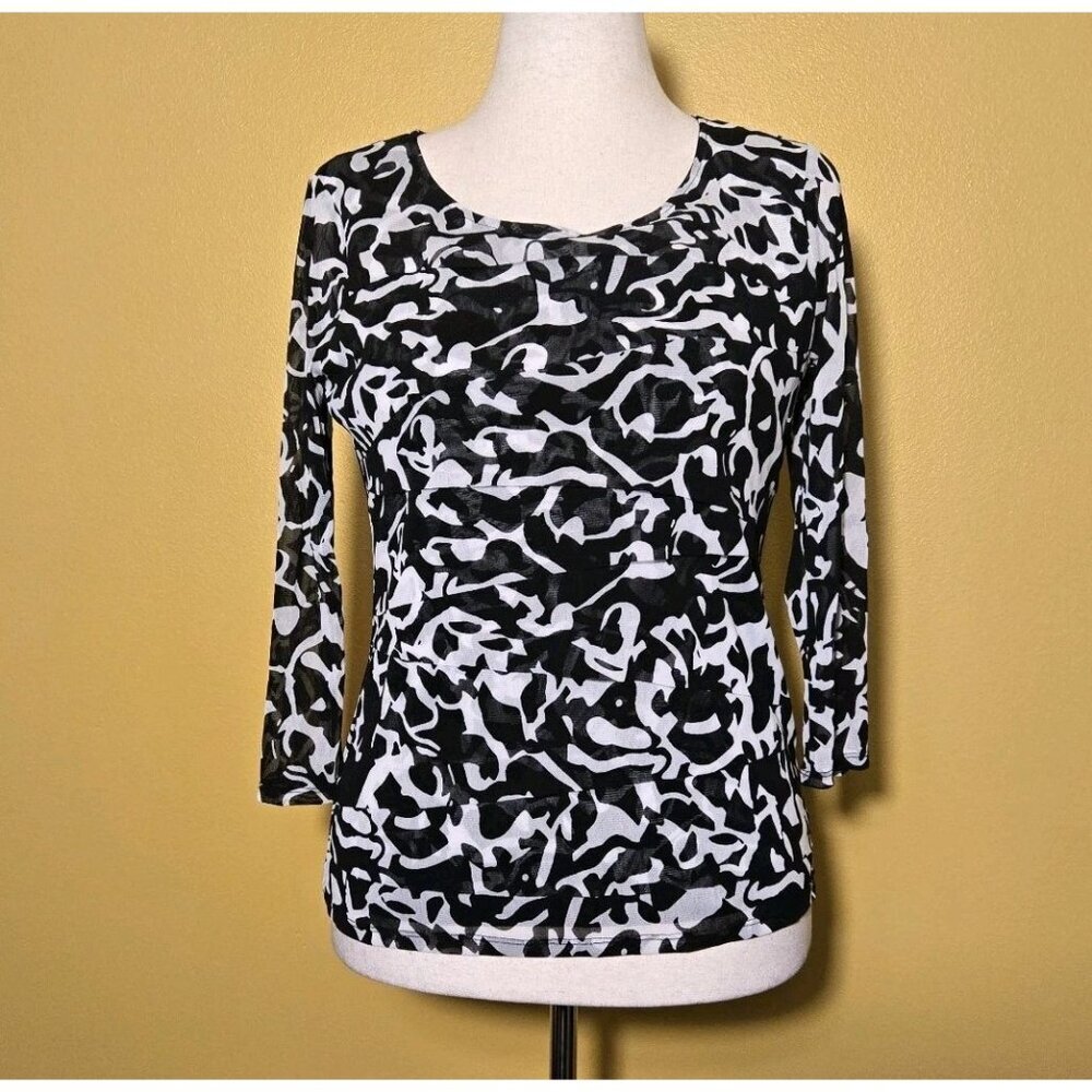 Alfani Black White 3/4 Sleeve Pullover Top Womens Medium Nylon Lined Floral 8046